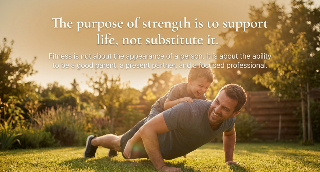 A father doing push-ups outdoors while his young child plays on his back, symbolizing functional strength, presence, and fitness that enhances family life.