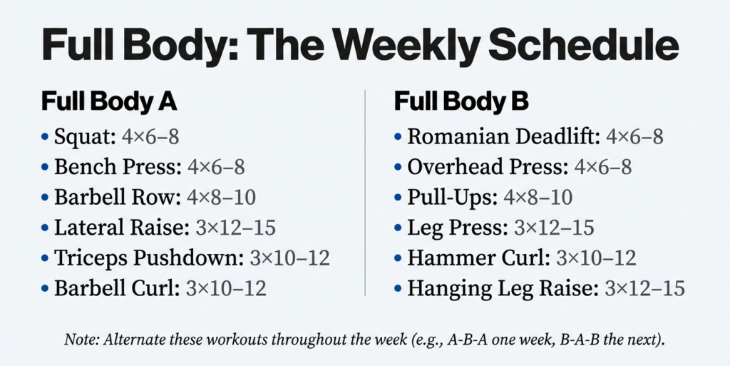 Full body workout schedule showing two alternating sessions with compound lifts for hypertrophy and recovery