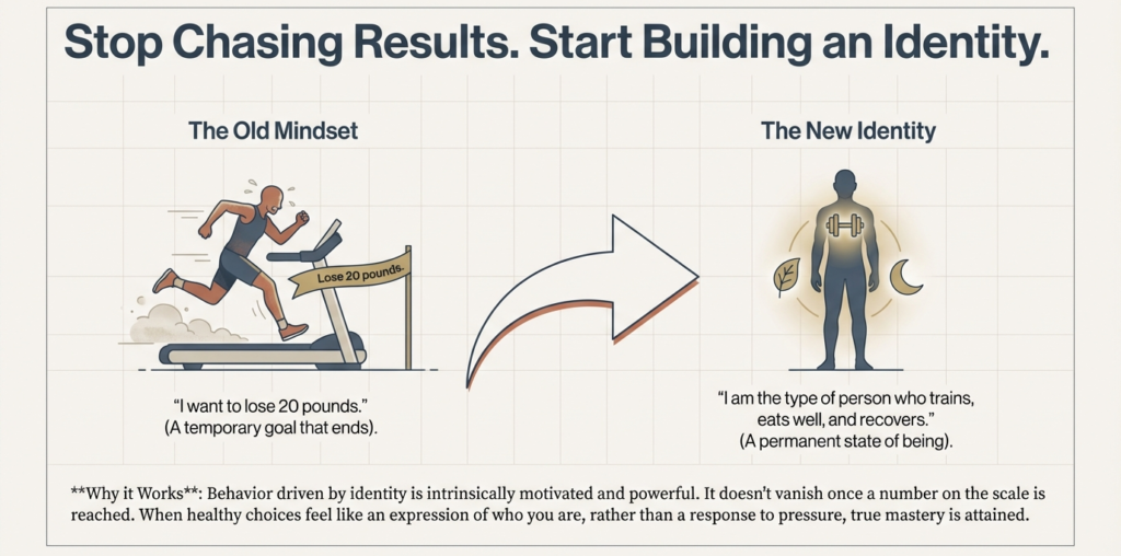 Visual comparison showing the shift from goal-based weight loss to identity-driven habits focused on training, nutrition, recovery, and long-term consistency.