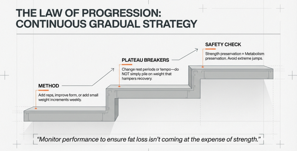 Step-based illustration showing gradual progression through reps, form, tempo, and small weight increases while preserving strength and metabolism.