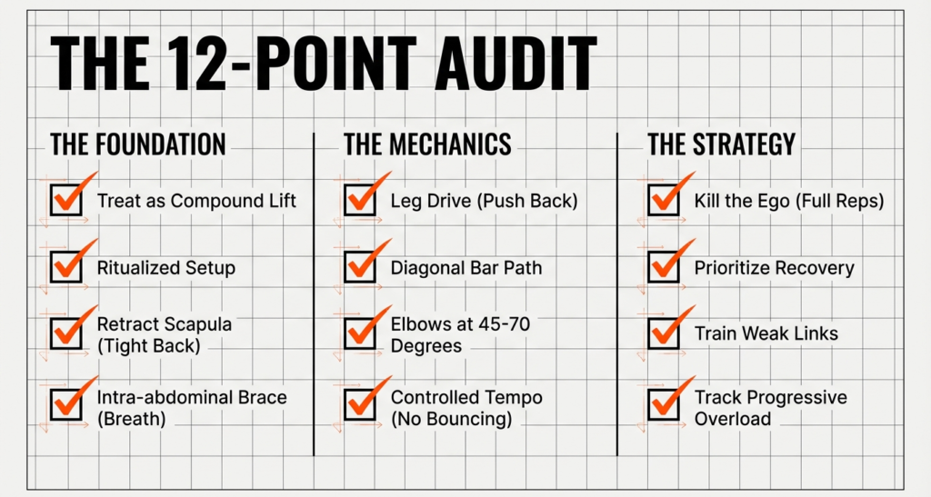 Bench press checklist infographic showing a 12-point audit covering foundation, mechanics, and training strategy for long-term strength gains.