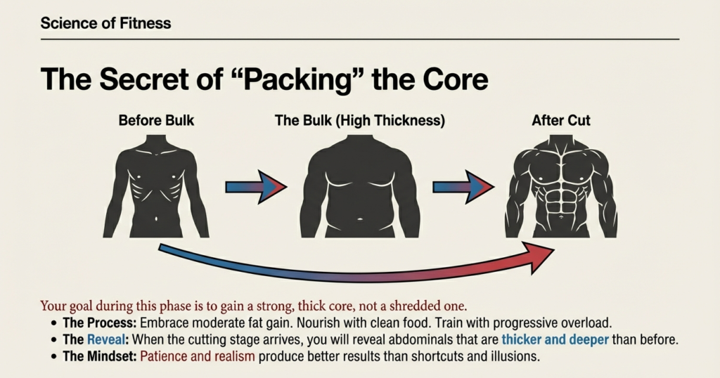 Before, during, and after bulking illustration showing how core thickness increases during a bulk and becomes visible after cutting