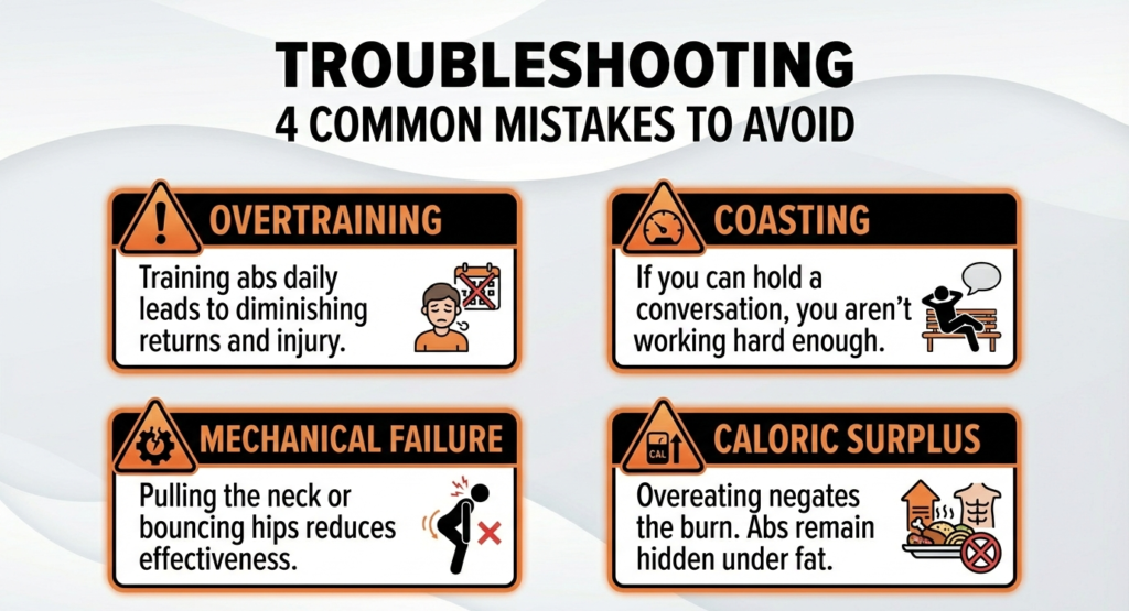 Four common mistakes in cardio and abs training including overtraining, poor form, and overeating