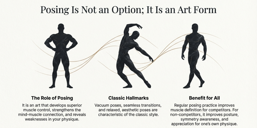 classic physique posing silhouettes showing transitions, balance, and aesthetic flow