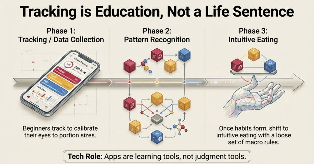 Macro tracking stages showing data tracking pattern recognition and intuitive eating