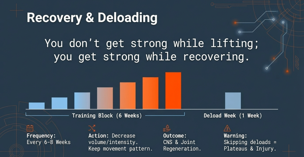 Recovery and deloading infographic showing training blocks, deload weeks, and the role of rest in long-term powerlifting strength gains.