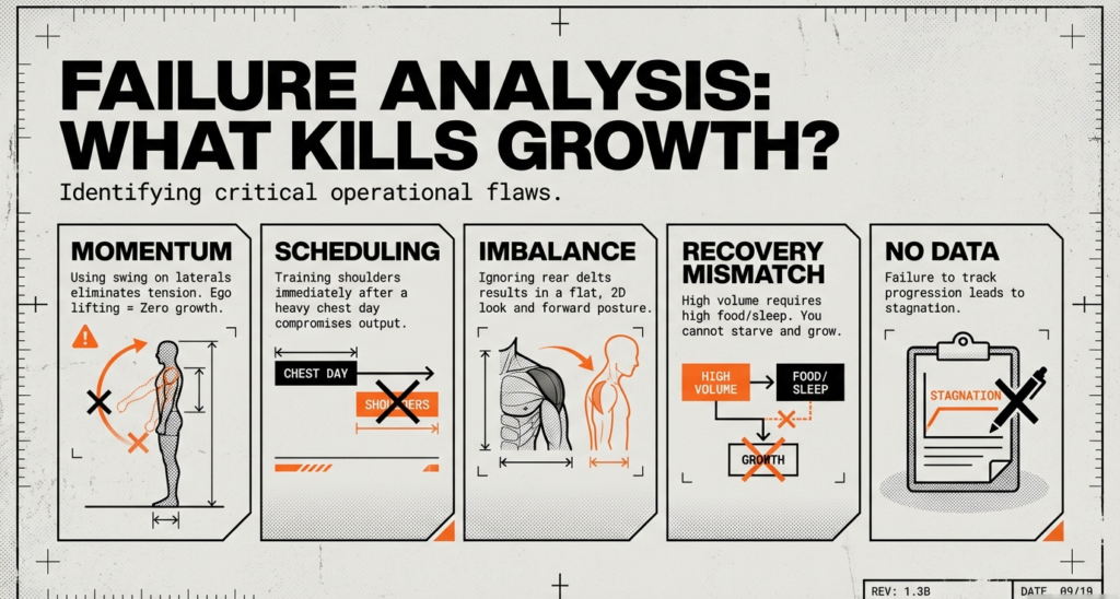 Infographic identifying common shoulder growth killers including momentum lifting, poor scheduling, muscle imbalance, recovery mismatch, and lack of data tracking