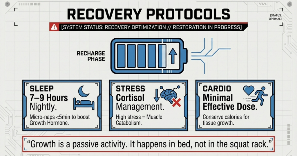 Recovery infographic highlighting sleep duration, stress management, minimal cardio, and hormonal recovery for hypertrophy optimization