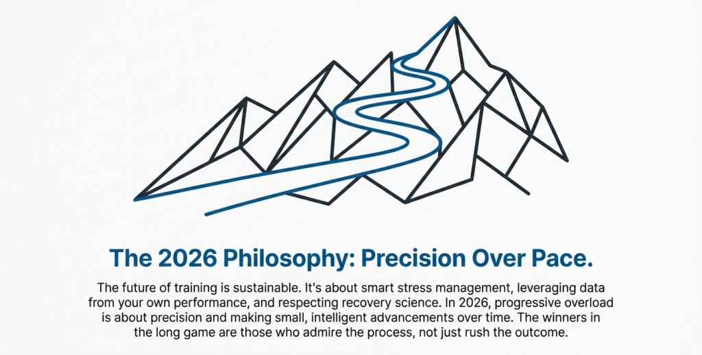 Minimalist mountain illustration with a winding path representing long-term, precise training progress over rushed intensity