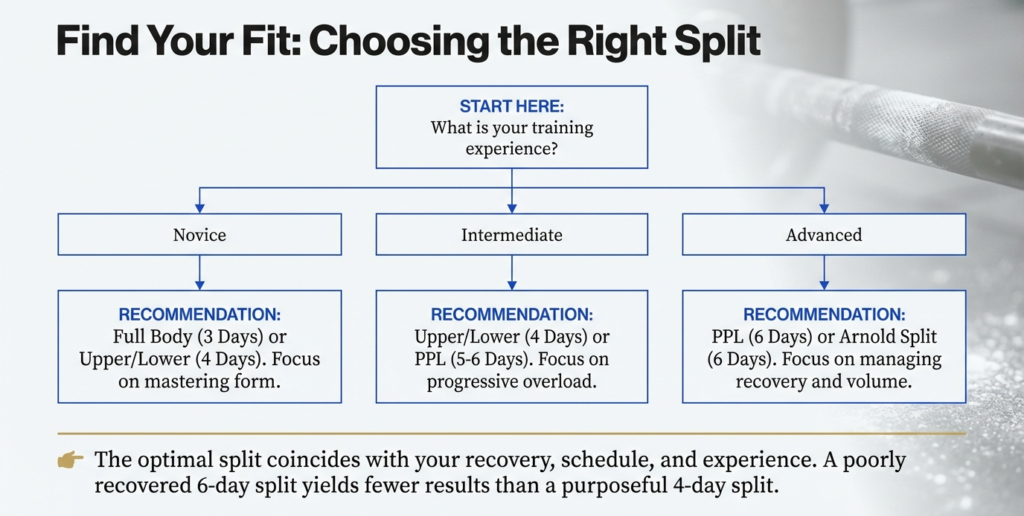Flowchart helping lifters choose between full body, upper lower, push pull legs, or Arnold split based on training experience