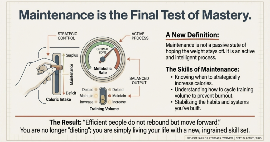 Illustration explaining weight-loss maintenance as an active process involving strategic calorie control, balanced training volume, and metabolic regulation.