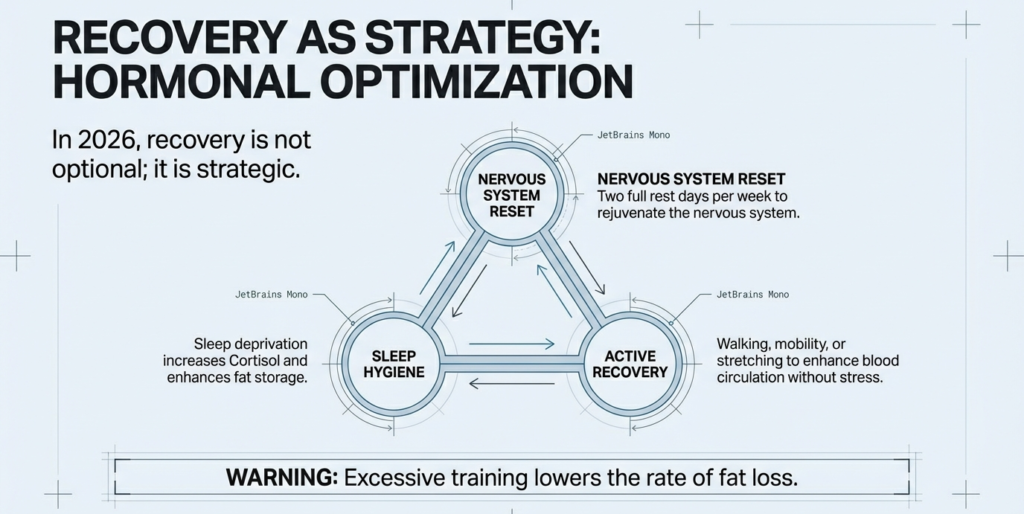 Diagram explaining recovery as a fat loss strategy, highlighting nervous system reset, sleep hygiene, and active recovery to optimize hormones and metabolism.