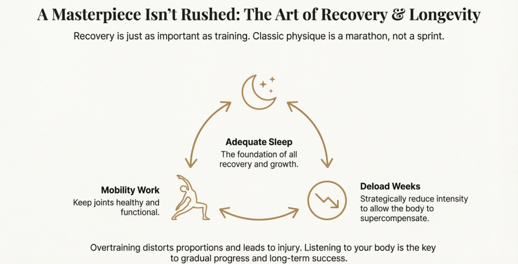 classic physique recovery cycle showing sleep, mobility work, and deload weeks