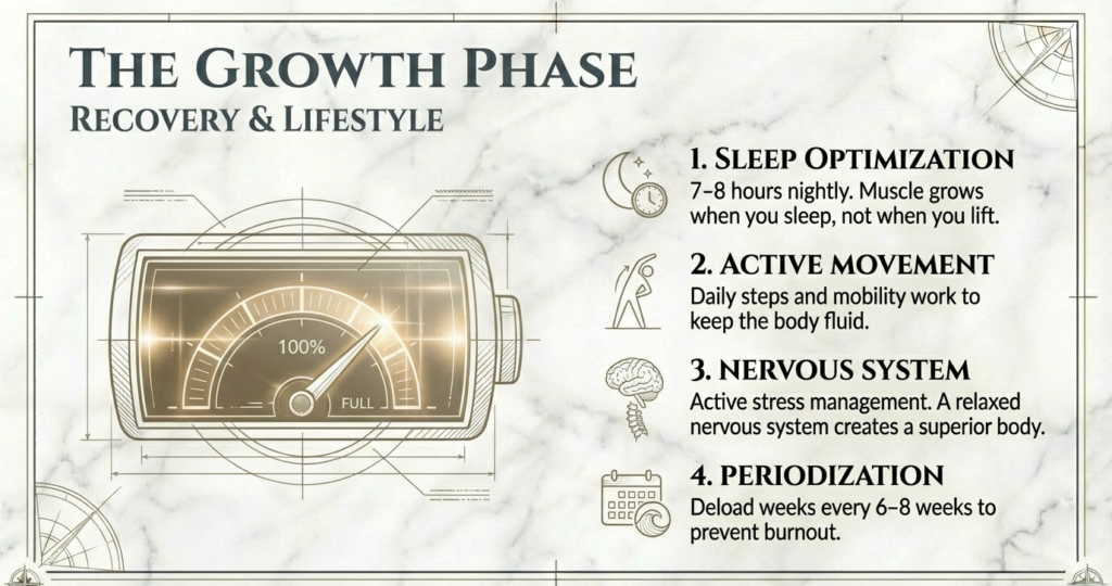 Greek God Physique recovery infographic highlighting sleep optimization, active movement, nervous system balance, and training periodization for sustainable muscle growth.