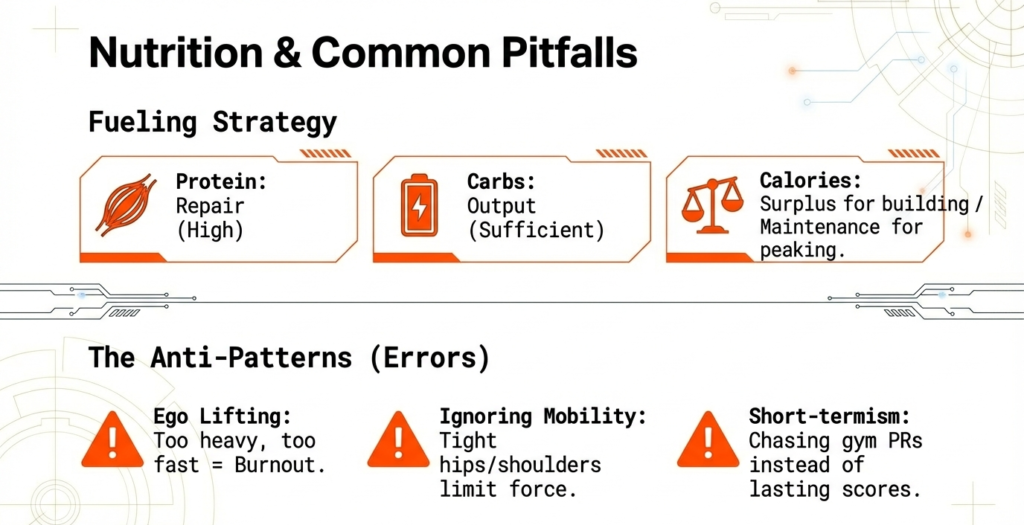 Nutrition infographic showing protein, carbohydrates, and calories for powerlifting along with common mistakes like ego lifting and poor mobility.