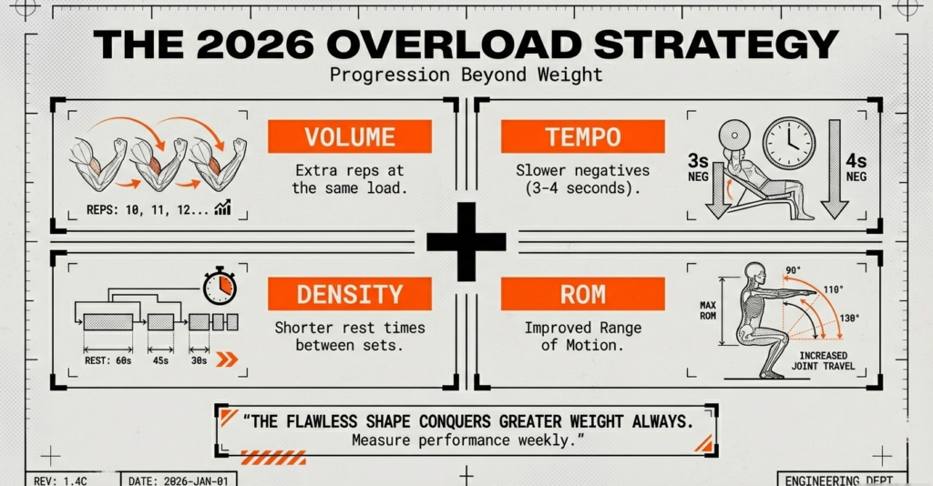 Infographic explaining progressive overload methods including volume, tempo, density, and range of motion for shoulder hypertrophy in 2026