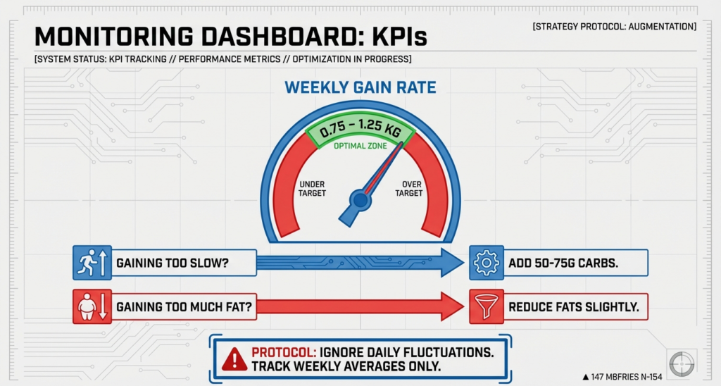 Performance dashboard showing optimal weekly weight gain range, adjustment rules for carbs and fats, and tracking guidelines for a bulking phase