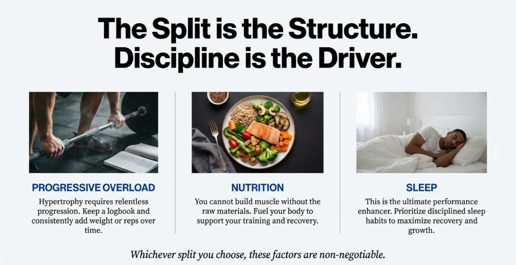 Infographic showing progressive overload, nutrition, and sleep as the three non-negotiable pillars of muscle growth
