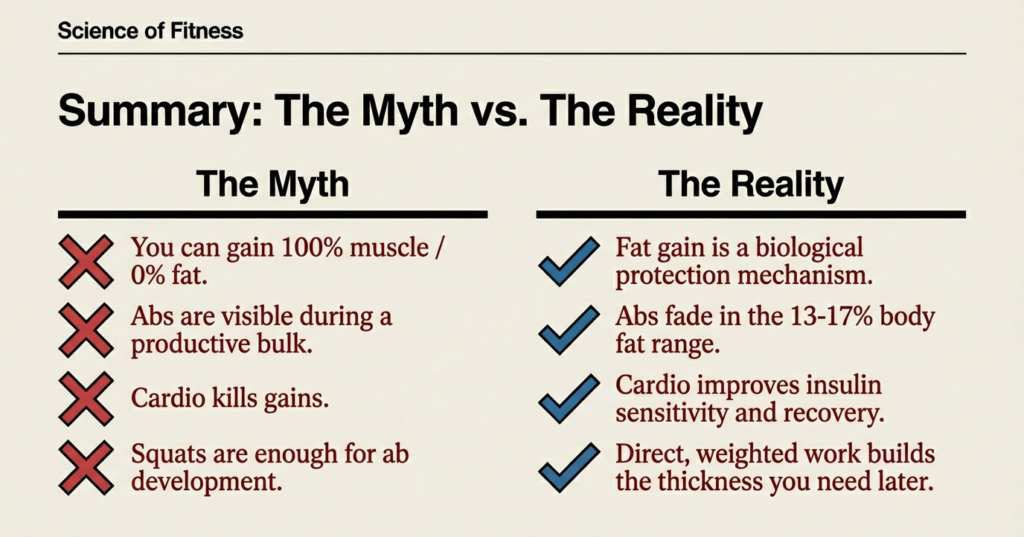 Comparison chart debunking common bulking myths and explaining the biological reality of fat gain, abs visibility, cardio, and ab training