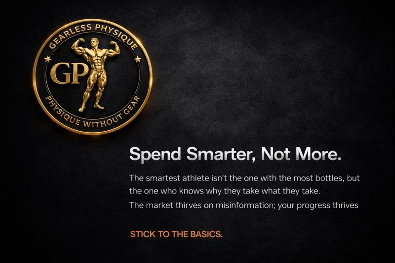 Gearless Physique circular gold logo featuring a classic bodybuilding pose on a dark textured background