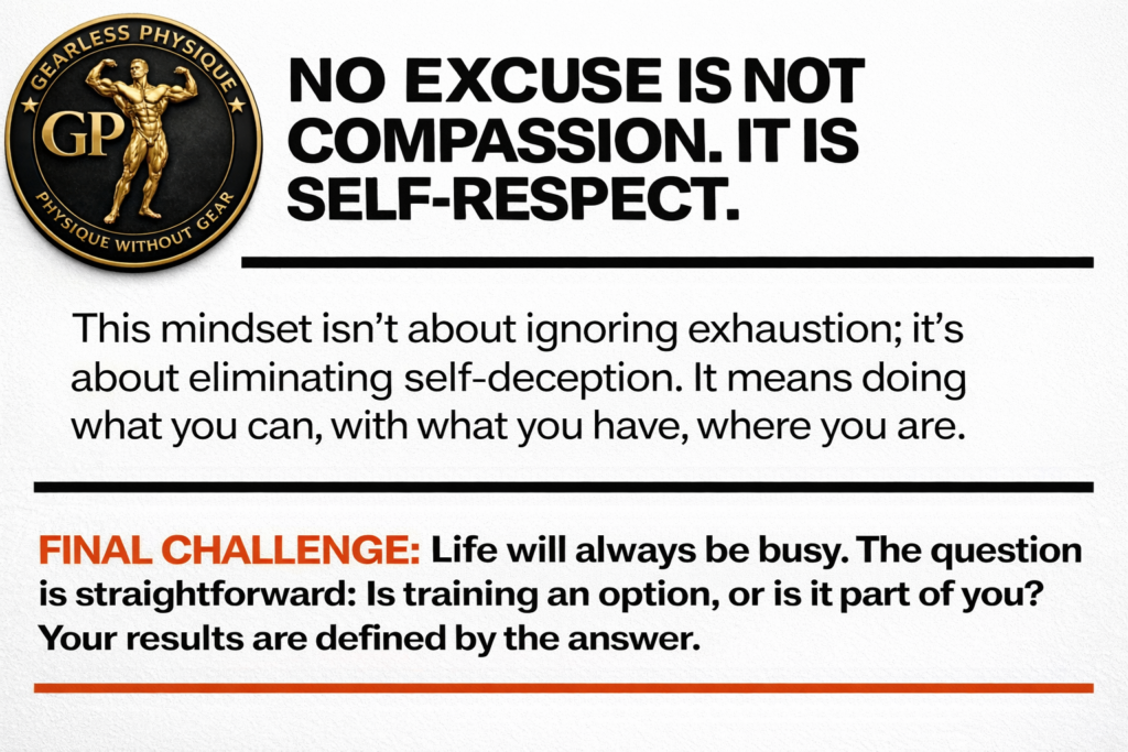 Fitness mindset graphic explaining that the no excuse approach is about self-respect, discipline, and doing what you can despite a busy life.