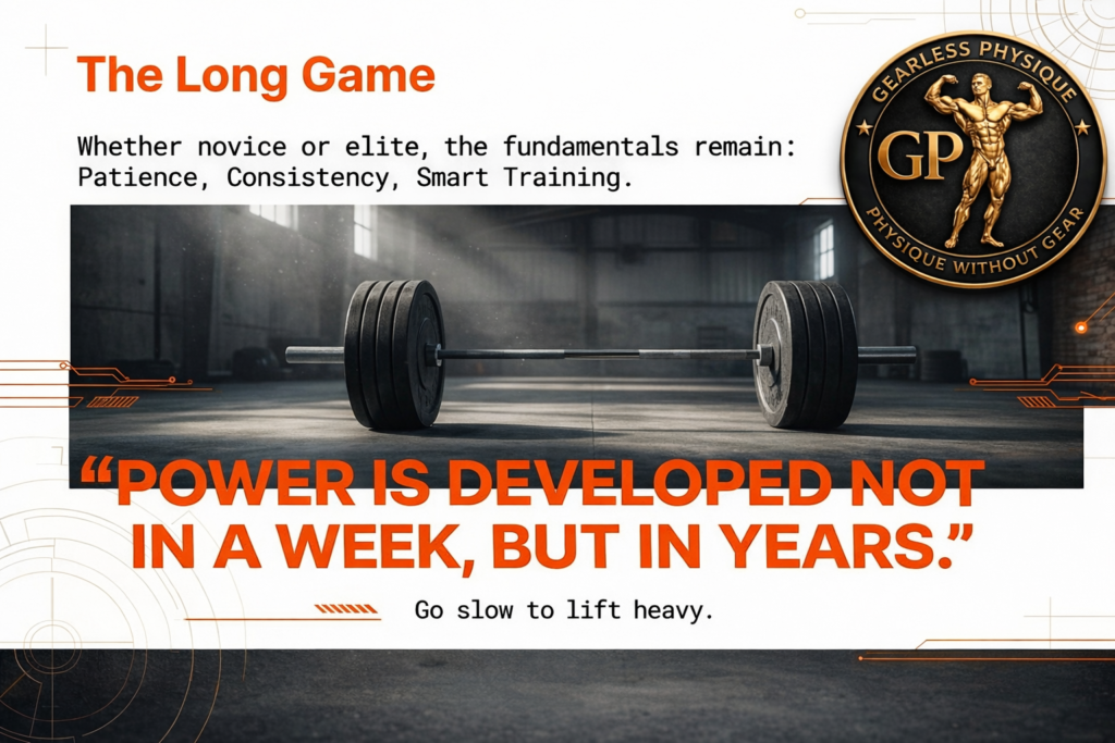 Motivational powerlifting image showing a loaded barbell in a gym with the message that strength and power are developed through patience, consistency, and long-term smart training.