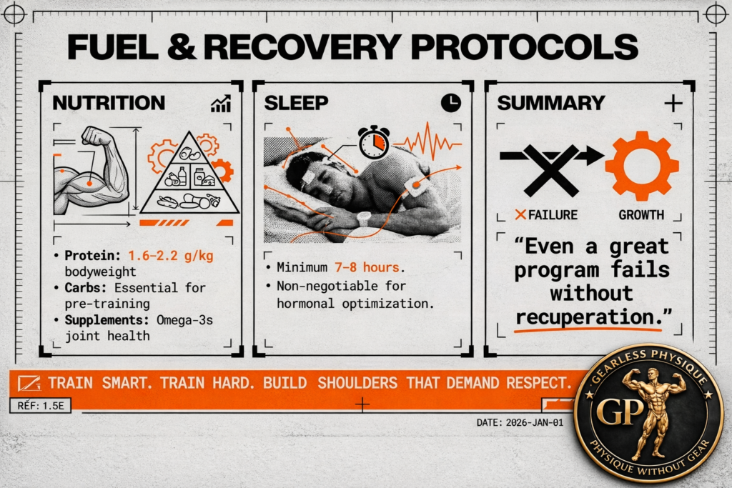 Infographic showing fuel and recovery protocols for shoulder hypertrophy in 2026, including nutrition guidelines, protein intake, sleep requirements, and recovery principles