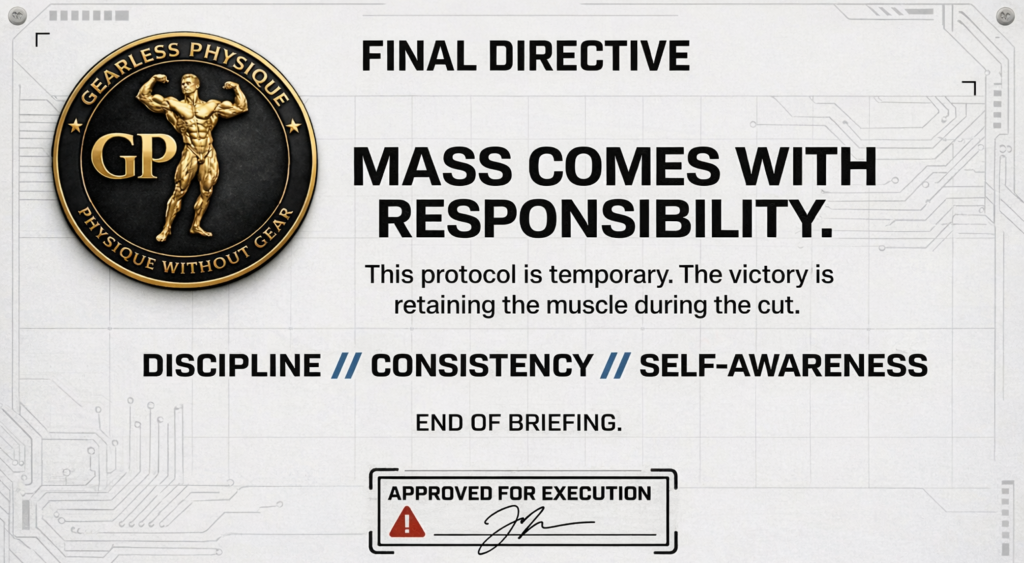 Final directive graphic stating “Mass Comes With Responsibility,” featuring the Gearless Physique circular logo and a message emphasizing discipline, consistency, self-awareness, and muscle retention after a mass phase