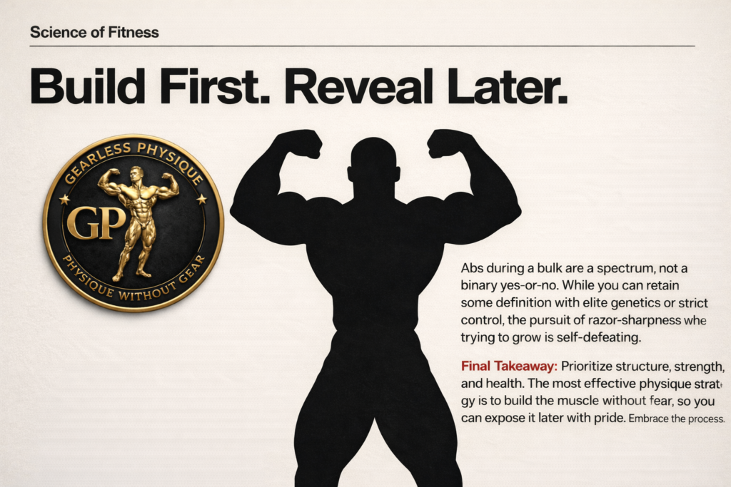 Silhouette of a flexing bodybuilder with the Gearless Physique logo on the left, emphasizing the philosophy of building muscle first and revealing definition later