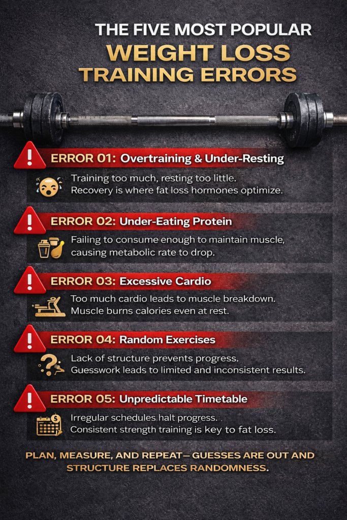Infographic showing the five most common weight loss training mistakes, including overtraining, under-eating protein, excessive cardio, random exercises, and inconsistent schedules.