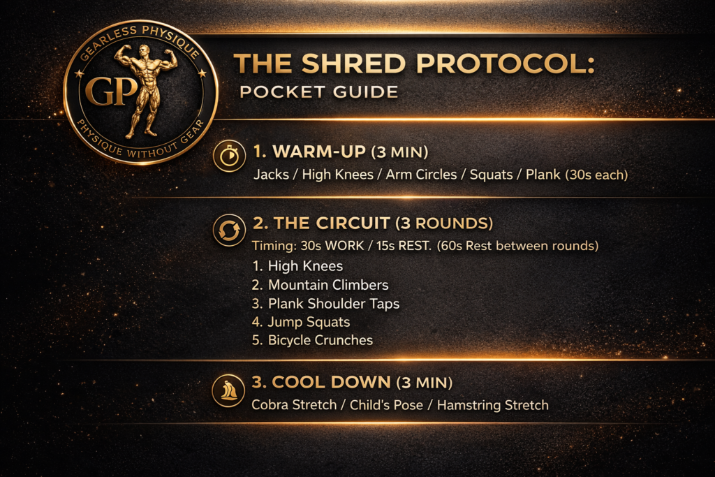 The Shred Protocol pocket guide showing a 15-minute at-home cardio and abs workout with warm-up, HIIT circuit, and cool down