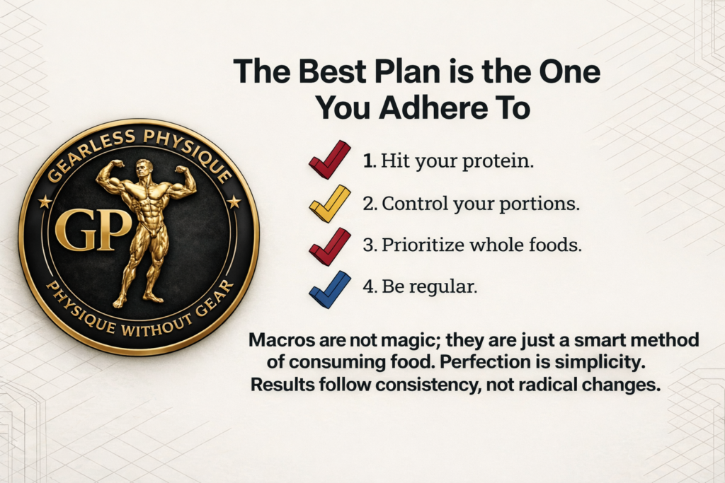 Gearless Physique logo placed on a nutrition checklist highlighting protein intake portion control whole foods and consistency