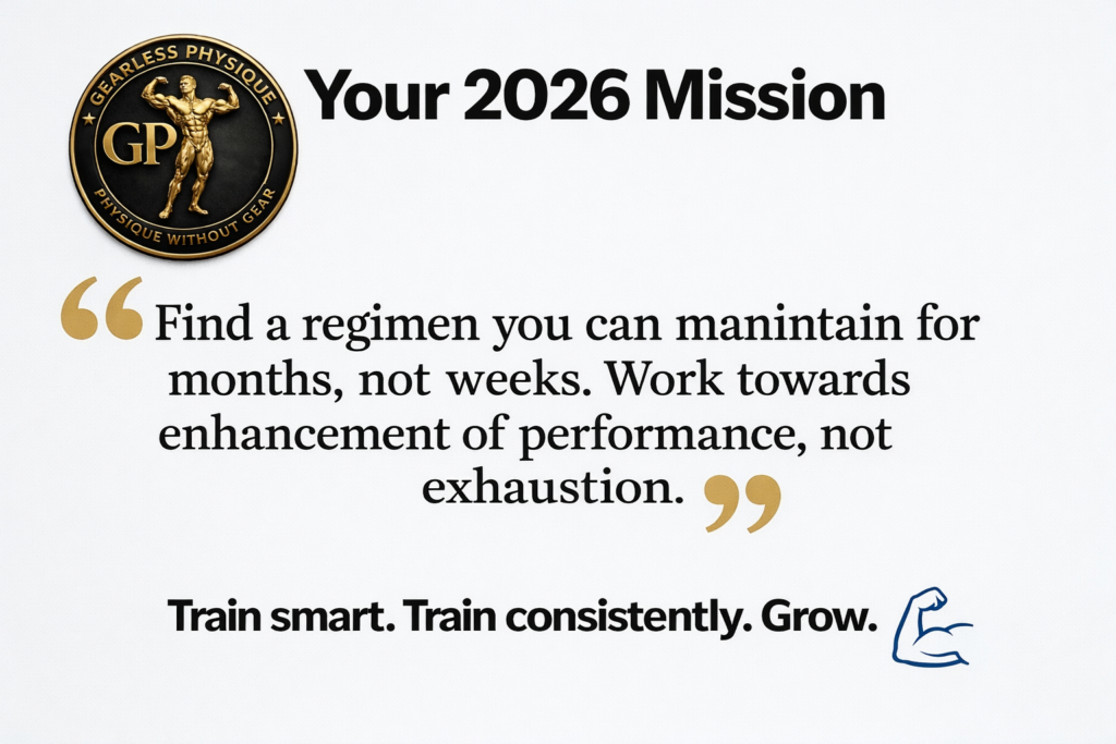 Motivational fitness quote with Gearless Physique logo emphasizing long-term consistency, performance-focused training, and sustainable muscle growth