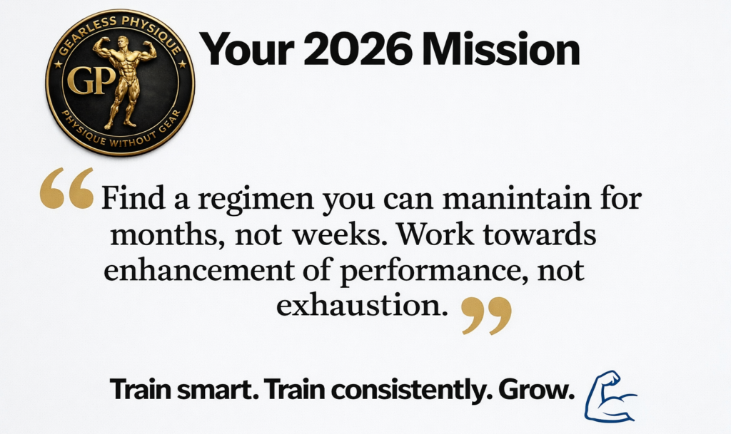 Motivational fitness quote with Gearless Physique logo emphasizing long-term consistency, performance-focused training, and sustainable muscle growth