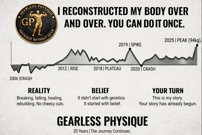 Motivational infographic showing the Gearless Physique fitness journey from a 2006 crash through multiple setbacks, comebacks, and reaching a 94 kg peak in 2025, emphasizing belief, resilience, and long-term consistency.