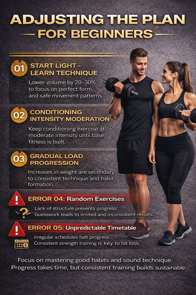 Beginner weight loss training infographic explaining reduced volume, moderate conditioning intensity, technique-focused lifting, gradual progression, and habit formation for sustainable fat loss.