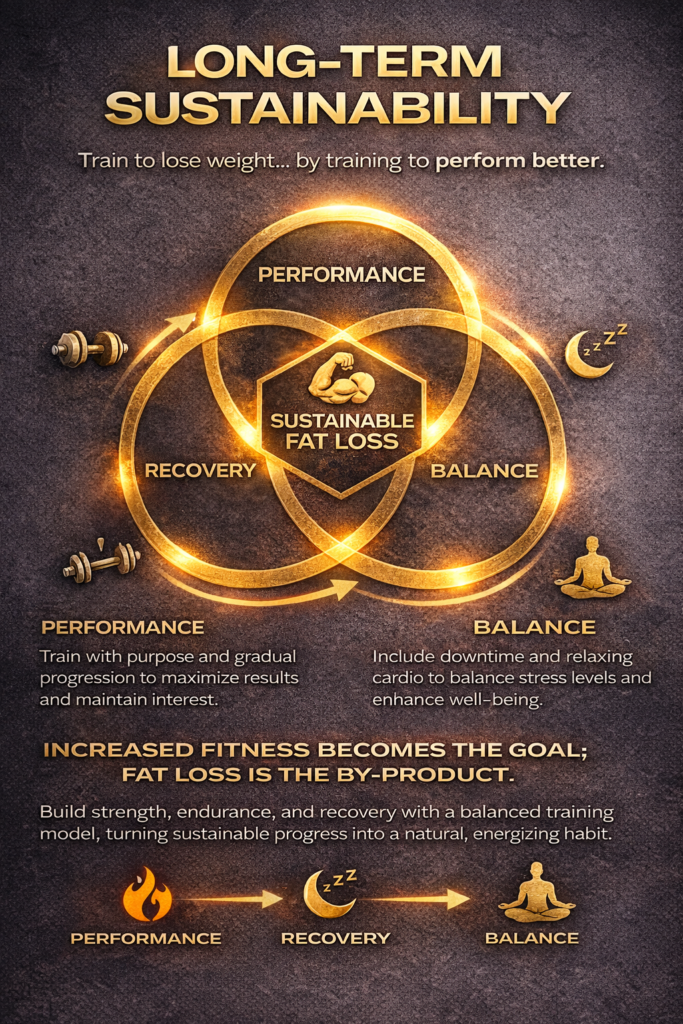Infographic illustrating long-term sustainable weight loss through performance-focused training, proper recovery, and balanced routines, showing fat loss as a by-product of improved fitness.
