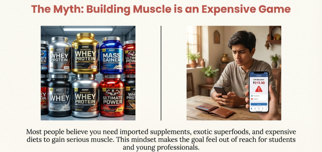 Whey protein supplements and a worried Indian man checking low bank balance on phone