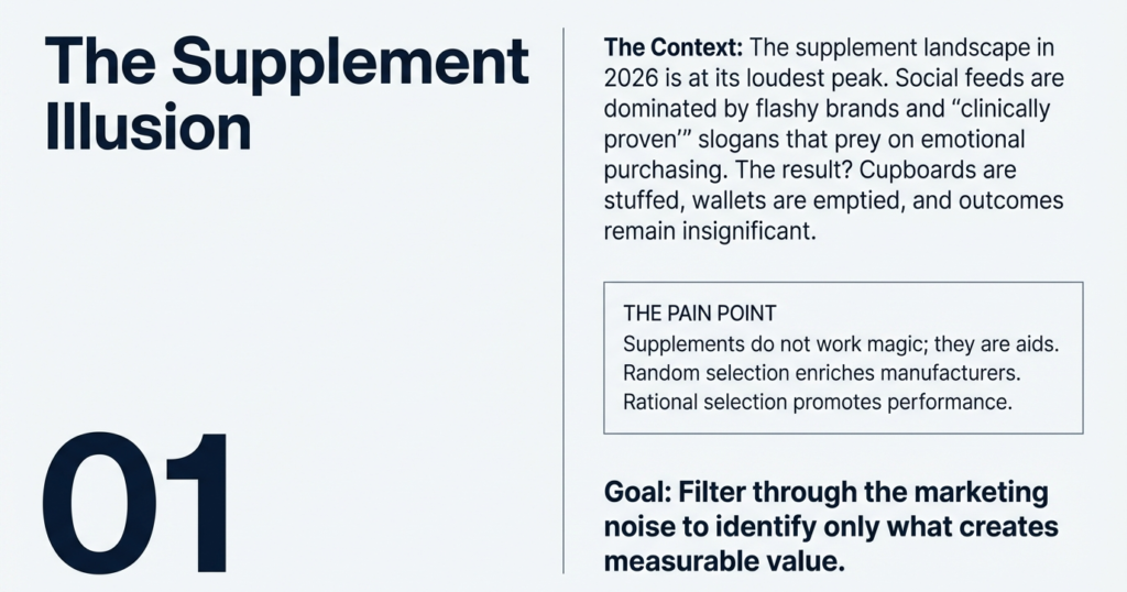Supplement industry overview showing marketing hype versus real performance outcomes in 2026