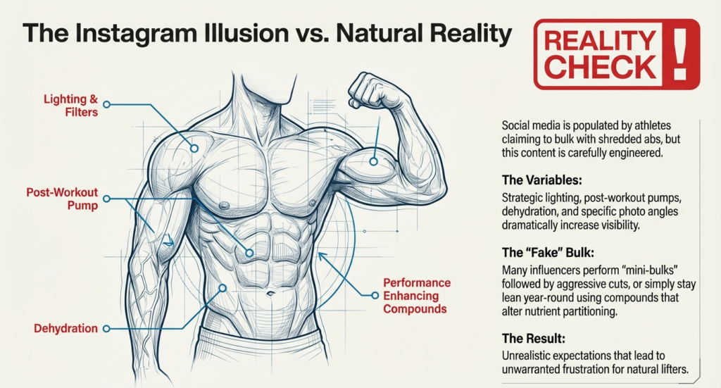 Illustration exposing how lighting, pumps, dehydration, and performance-enhancing compounds create unrealistic bulking expectations