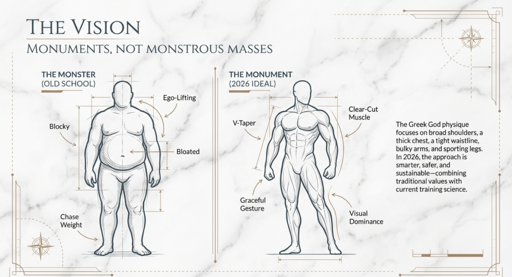 Comparison illustration showing the difference between old-school bulky bodybuilding and the 2026 Greek God Physique focused on V-taper, clean muscle lines, and visual dominance.