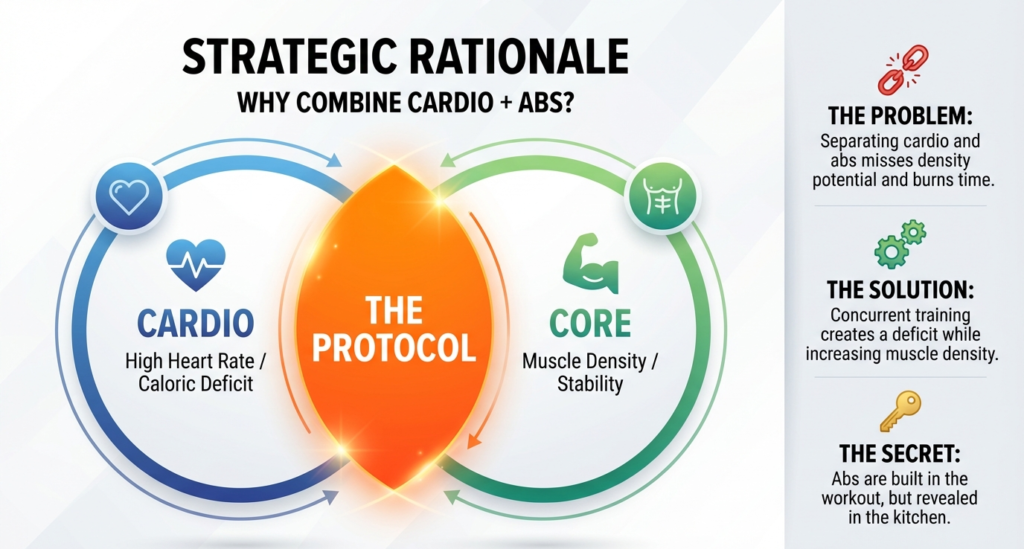 Diagram explaining the benefits of combining cardio and abs training for fat loss and muscle density