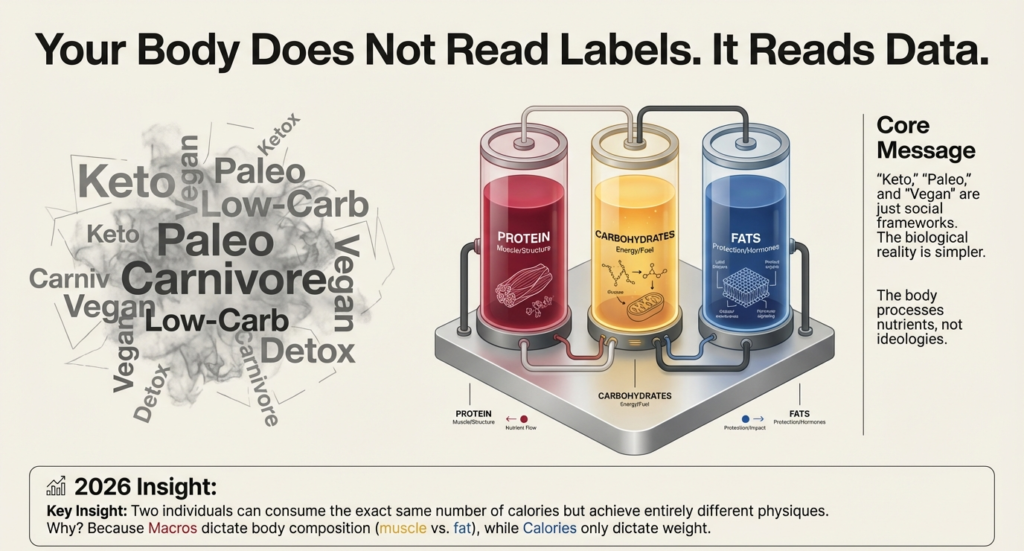 Comparison of popular diets versus protein carbs and fats showing how macros control body composition