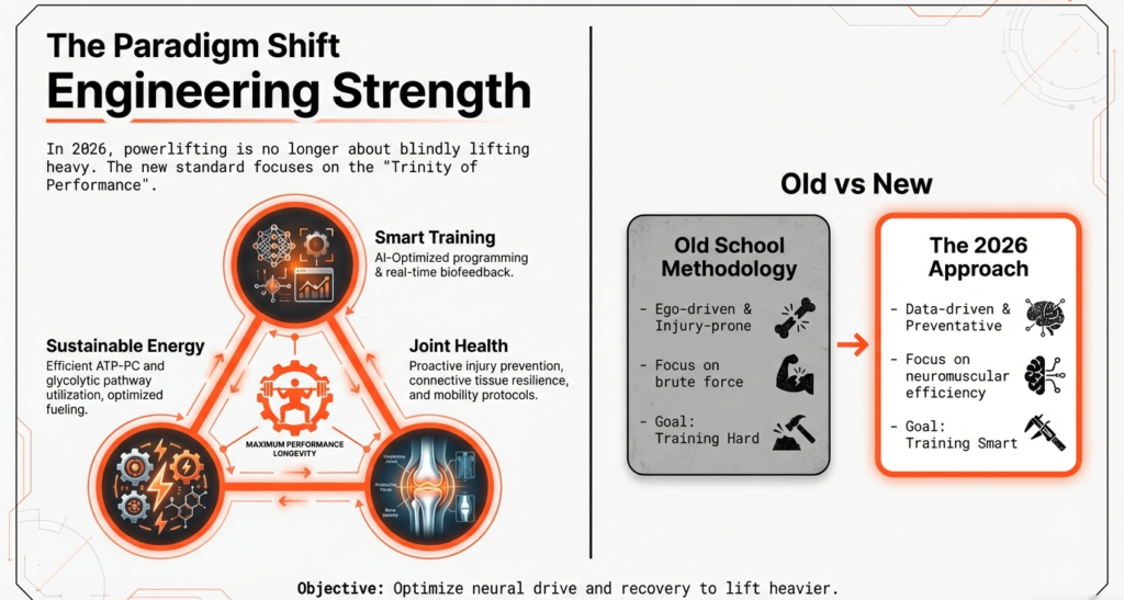 Infographic showing the paradigm shift in powerlifting with smart training, joint health, sustainable energy systems, and data-driven strength methods.
