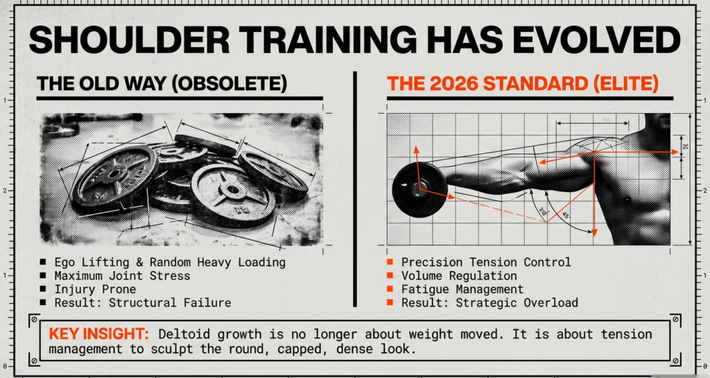 Comparison graphic showing outdated ego lifting shoulder training versus the 2026 standard focused on tension control, volume regulation, and fatigue management