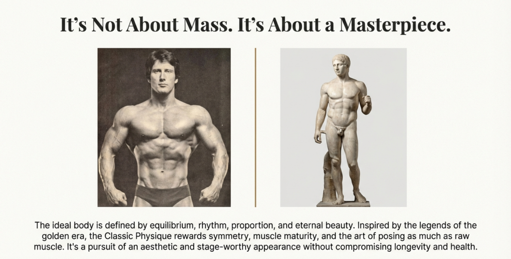classic physique anatomy showing V-taper, proportional arms, graceful legs, and overall symmetry