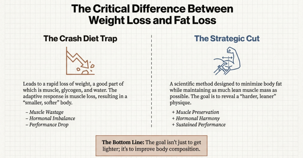 Visual gauge comparing aggressive calorie deficit versus optimal calorie deficit for fat loss without muscle loss