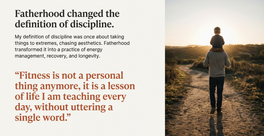 A father walking along a path at sunset with his child sitting on his shoulders, symbolizing responsibility, presence, and long-term perspective on strength and discipline.
