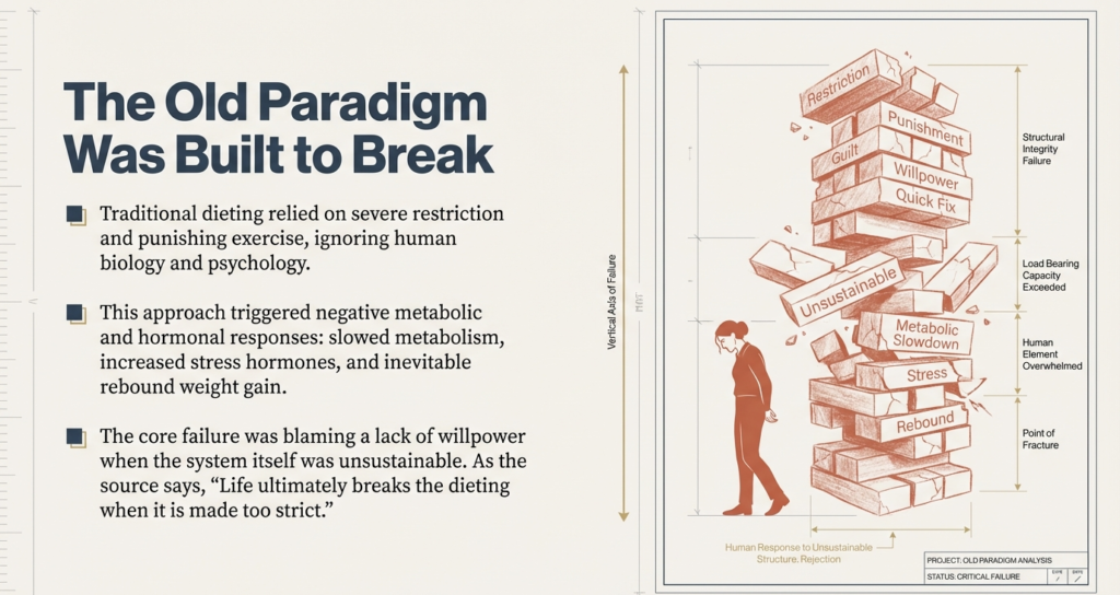 Illustration showing a collapsing structure labeled restriction, punishment, guilt, stress, and rebound—representing the failure of traditional dieting.