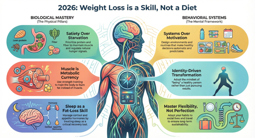 Infographic illustrating weight loss as a skill in 2026, combining biological mastery and behavioral systems including satiety, muscle preservation, sleep, systems over motivation, identity-based habits, and flexibility.